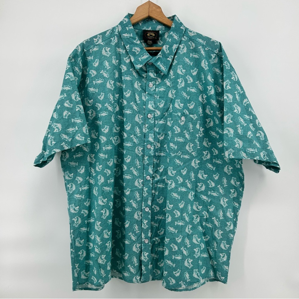 Stillwater Supply Co Button Up Shirt Mens 2XL Green Fish Print Camp Casual